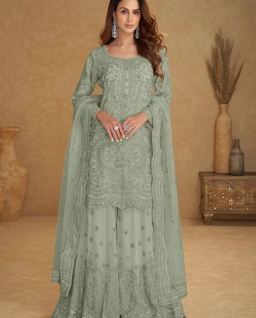 8113-D - Net Mint Blue Embroidered Wedding Palazzo Suit